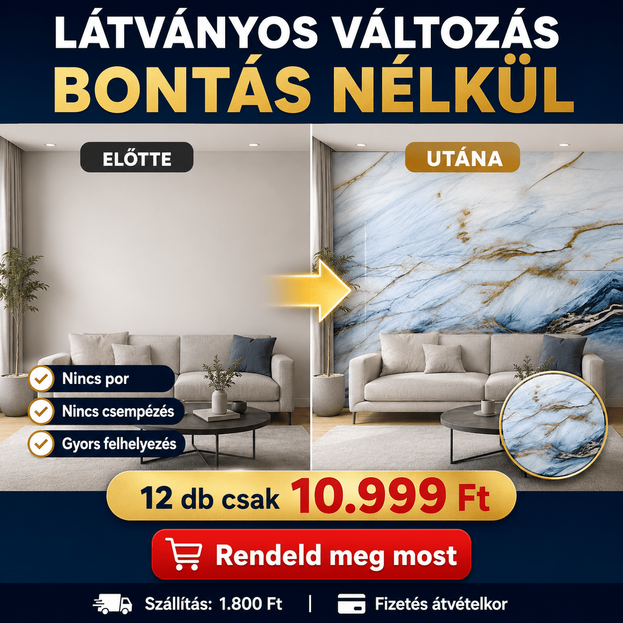 Kék - Arany Márvány Mintás PVC Falpanel – 12.DB - | Cyber Bazaar