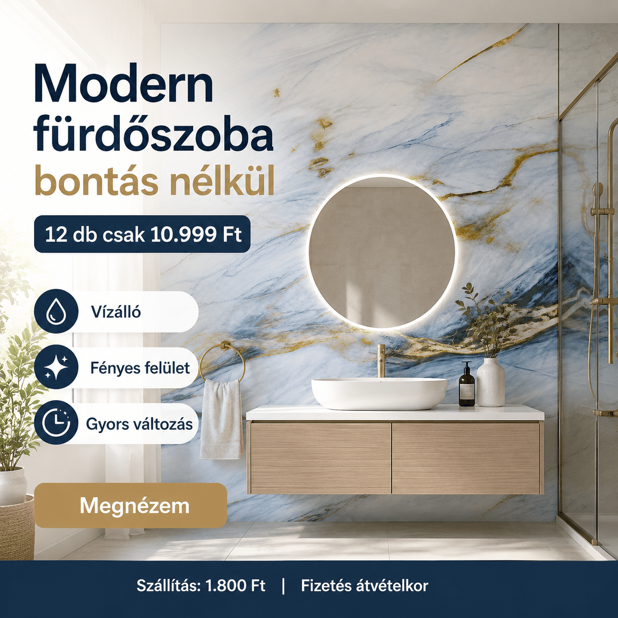 Kék - Arany Márvány Mintás PVC Falpanel – 12.DB - | Cyber Bazaar