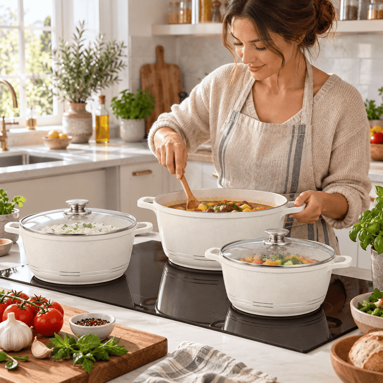 Krém indukciós edénykészlet, 6 részes - Edénykészletek | Cyber Bazaar