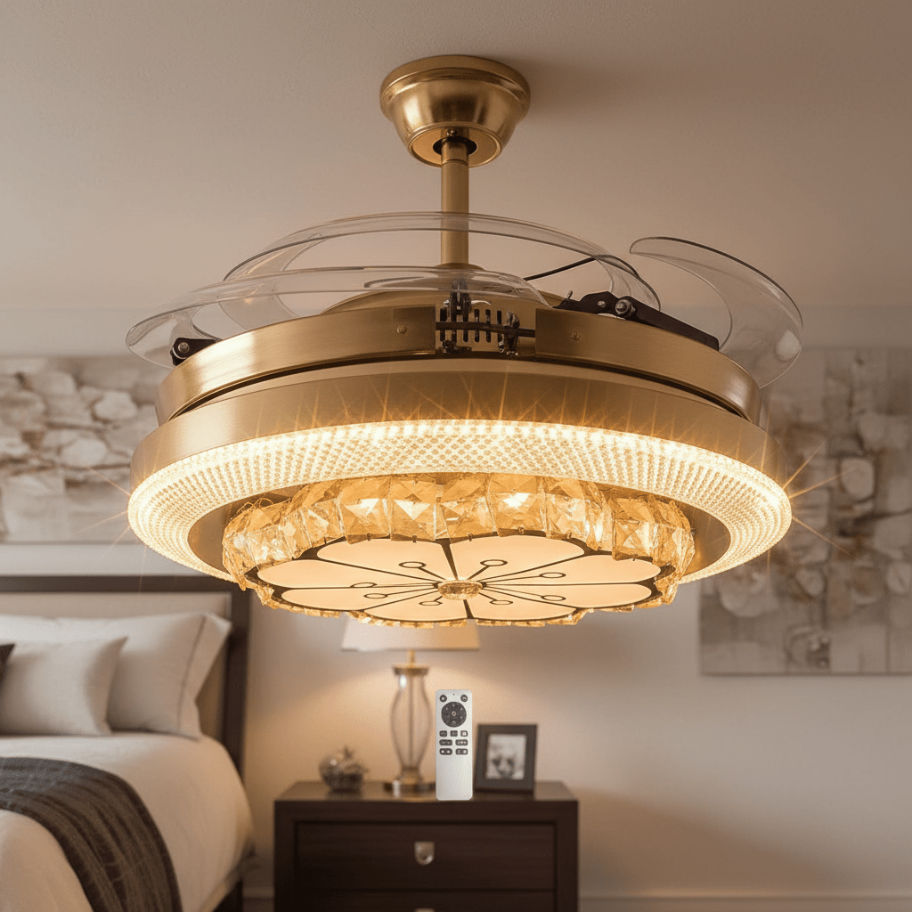 Kristály LED Ventilátoros Mennyezeti Lámpa Távirányítóval - | Cyber Bazaar