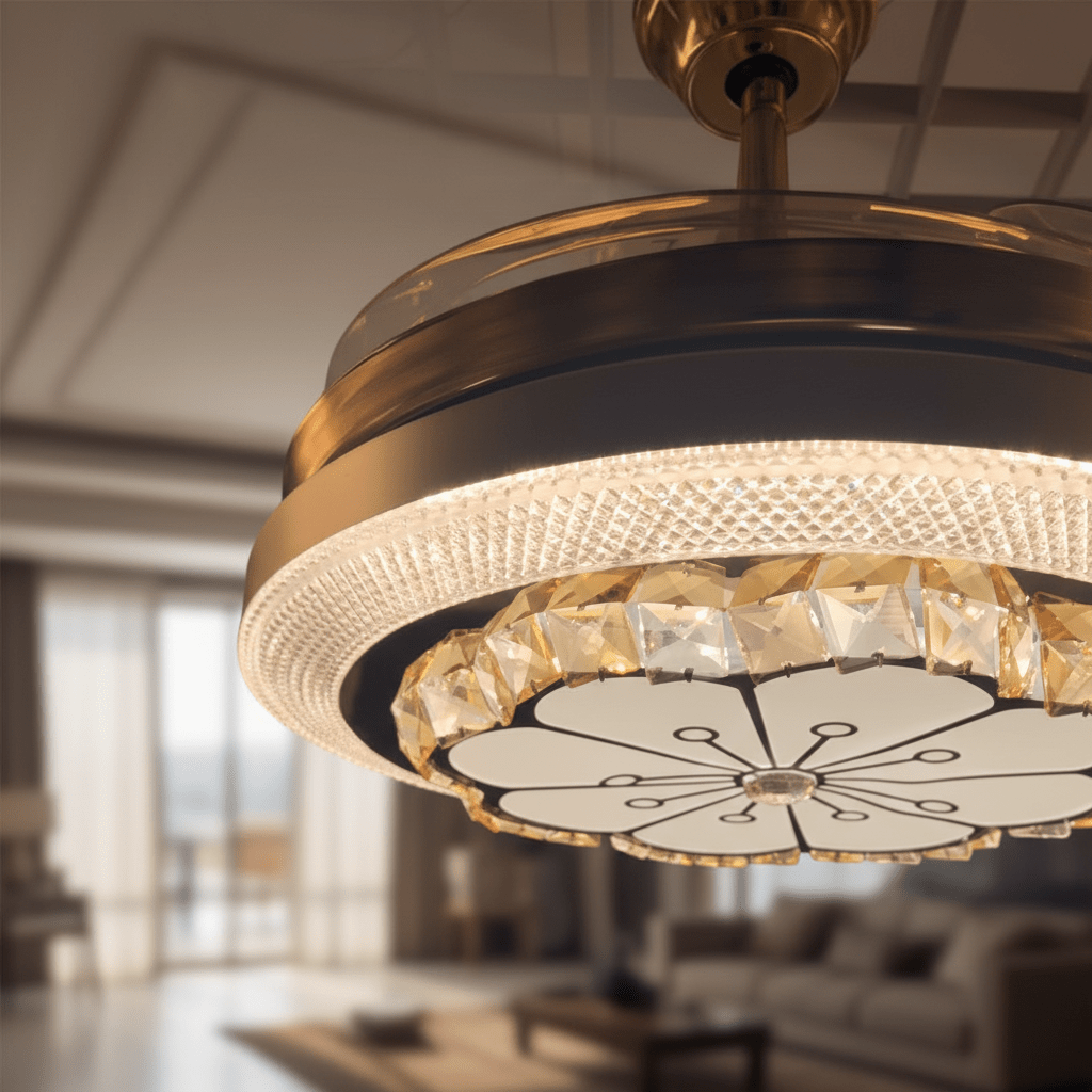 Kristály LED Ventilátoros Mennyezeti Lámpa Távirányítóval - | Cyber Bazaar