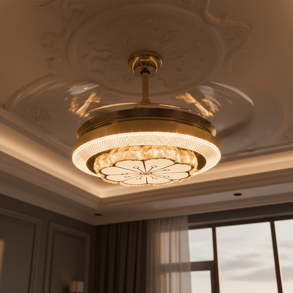 Kristály LED Ventilátoros Mennyezeti Lámpa Távirányítóval - | Cyber Bazaar