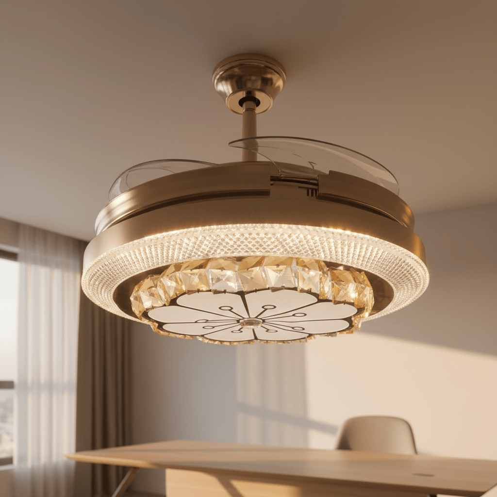 Kristály LED Ventilátoros Mennyezeti Lámpa Távirányítóval - | Cyber Bazaar