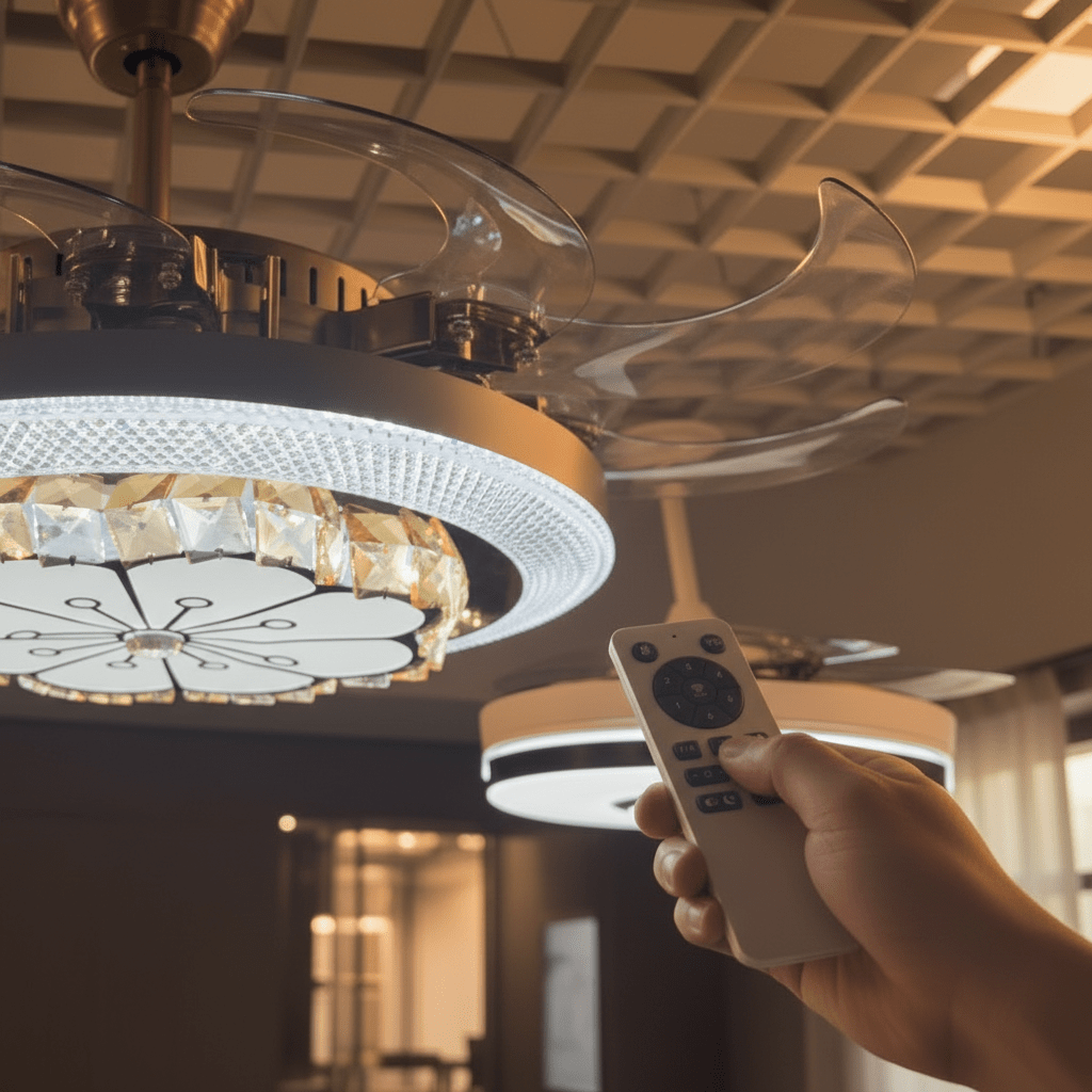 Kristály LED Ventilátoros Mennyezeti Lámpa Távirányítóval - | Cyber Bazaar