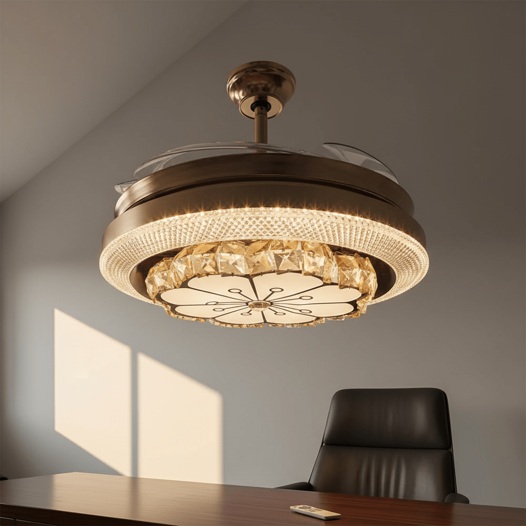 Kristály LED Ventilátoros Mennyezeti Lámpa Távirányítóval - | Cyber Bazaar