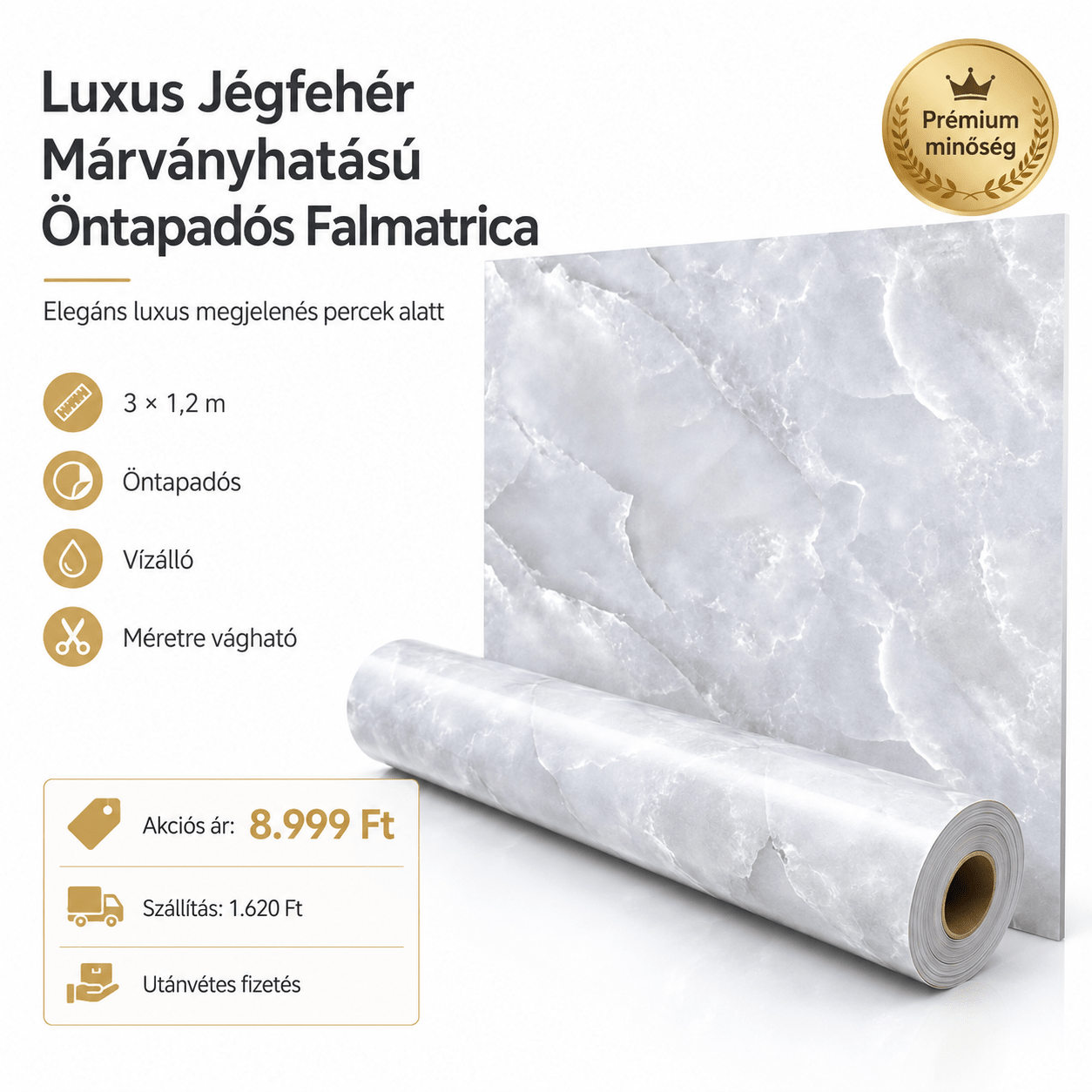 Luxus Jégfehér Márványhatású Öntapadós Falmatrica 3 × 1,2 m - | Cyber Bazaar