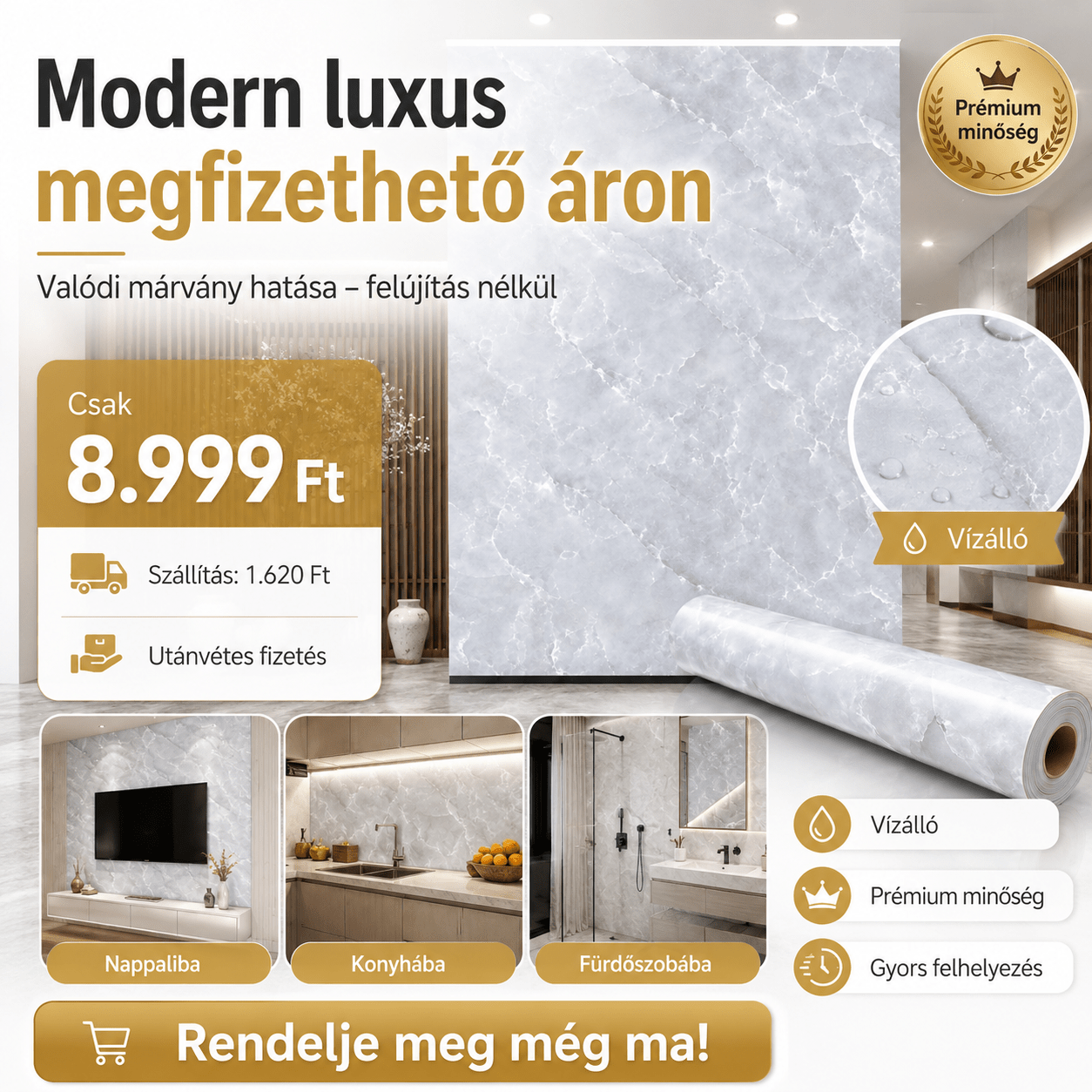 Luxus Jégfehér Márványhatású Öntapadós Falmatrica 3 × 1,2 m - | Cyber Bazaar