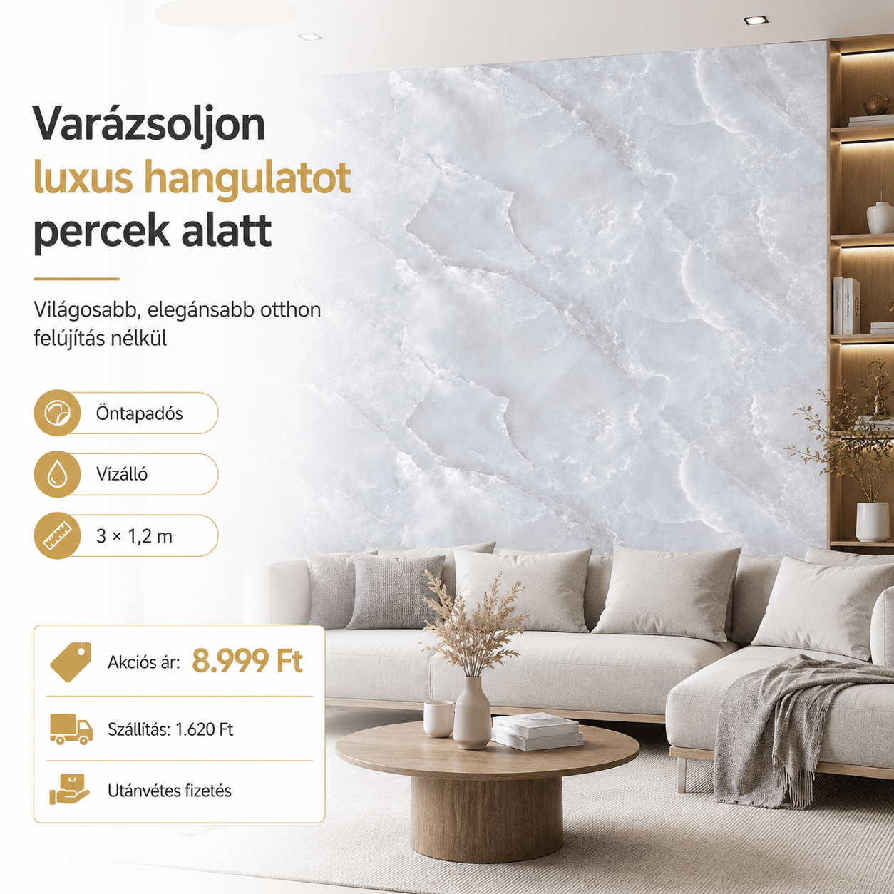 Luxus Jégfehér Márványhatású Öntapadós Falmatrica 3 × 1,2 m - | Cyber Bazaar