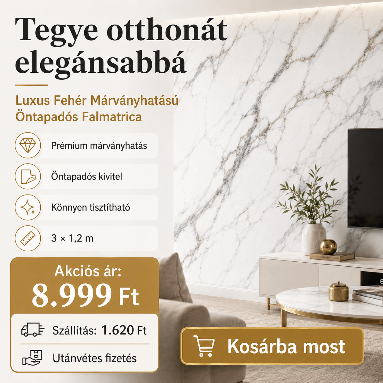 Márványhatású Öntapadós Falmatrica – 3 × 1,2 m - | Cyber Bazaar