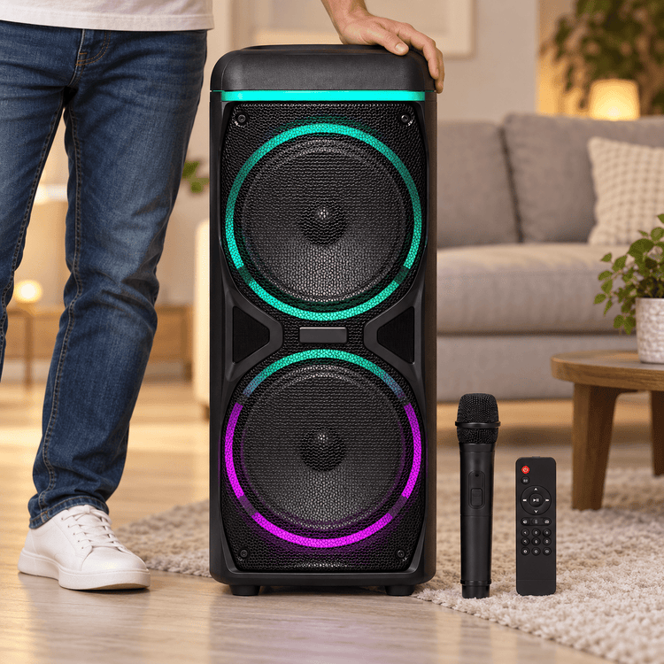 Party hangszóró mikrofonnal – 2 × 12″ - Hangszórók és rádiók | Cyber Bazaar