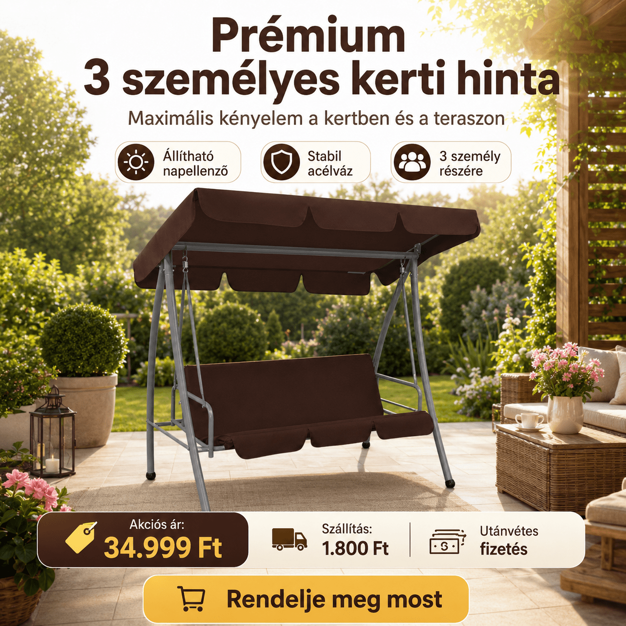 Prémium 3 Személyes Kerti Hinta Napellenzővel - | Cyber Bazaar
