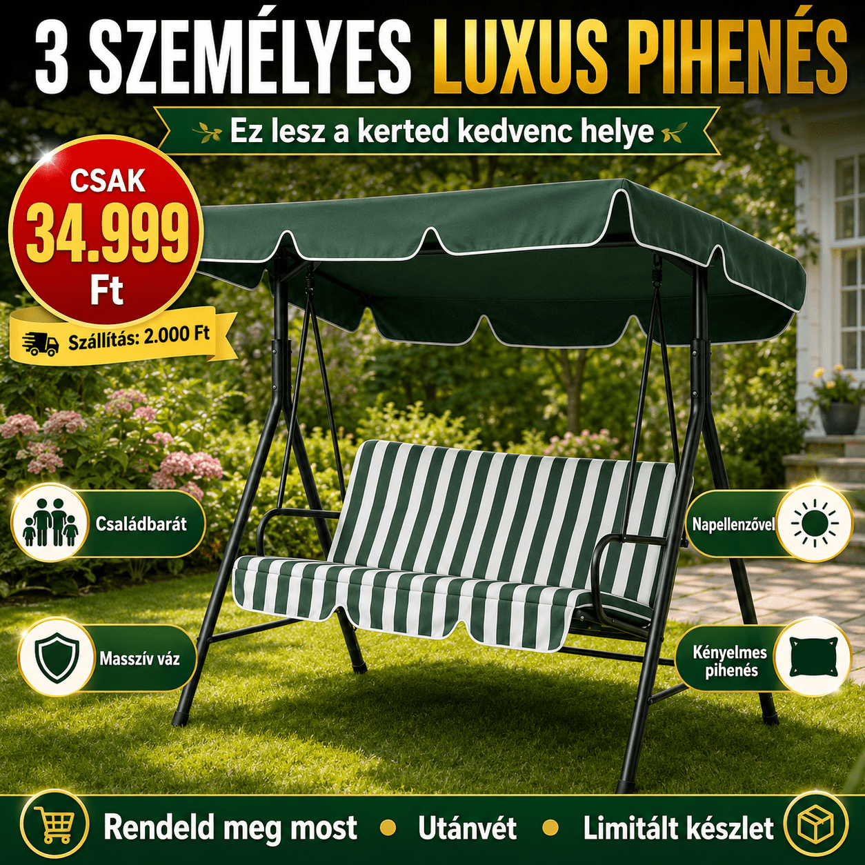 Prémium 3 Személyes Kerti Hinta Tetővel - | Cyber Bazaar