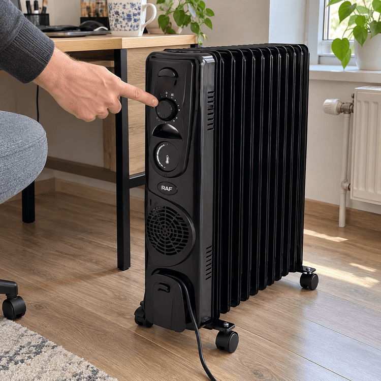 RAF R.1331B 13 tagú olajradiátor ventilátorral – fekete - Olajradiátorok | Cyber Bazaar