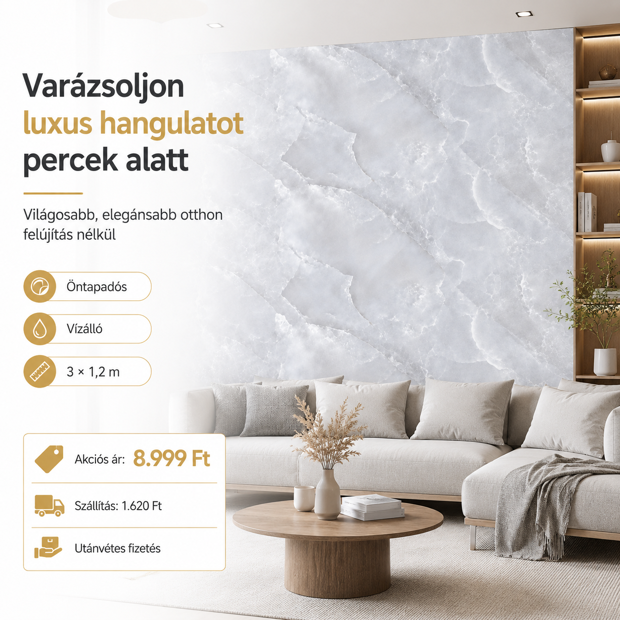 Luxus Jégfehér Márványhatású Öntapadós Falmatrica 3 × 1,2 m