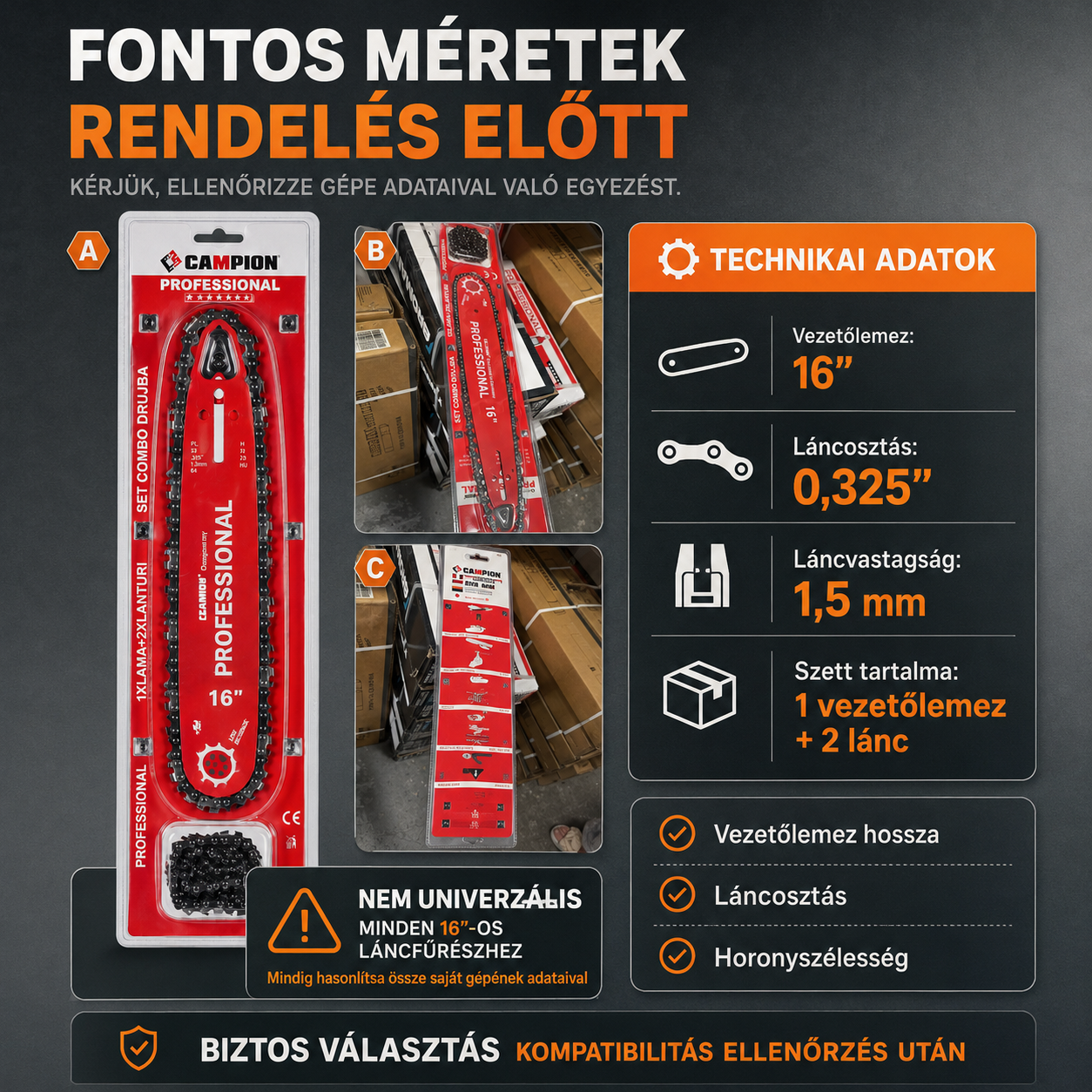 CAMPION Professional 16” Láncvezető + 2 Fűrészlánc Szett