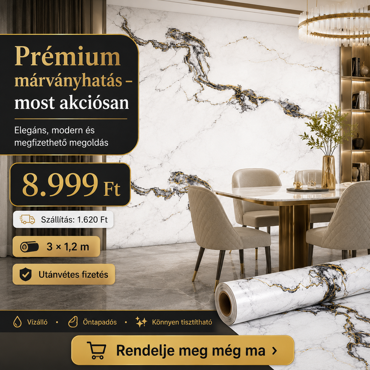 Arany Márványhatású Öntapadós Falmatrica 3 × 1,2 m