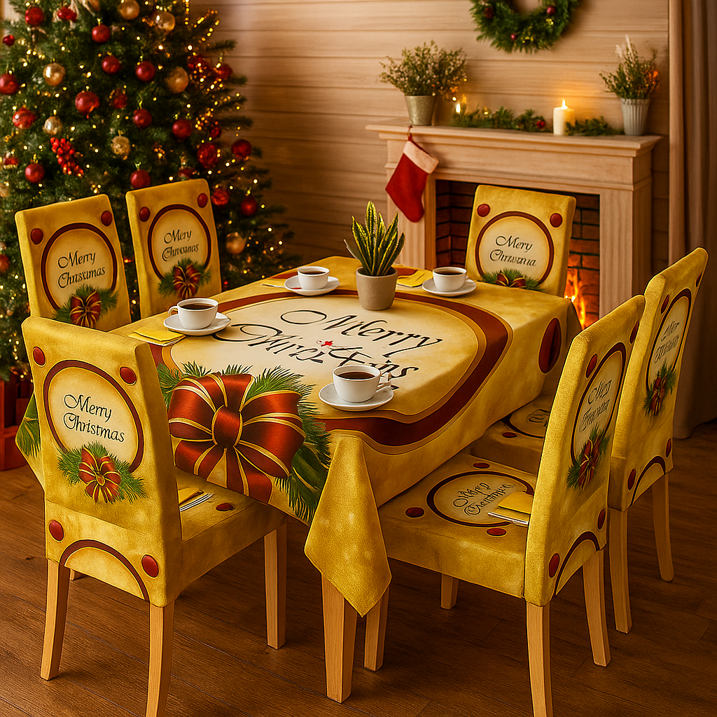Karácsonyi 7 Részes Asztalterítő és Székhuzat Szett