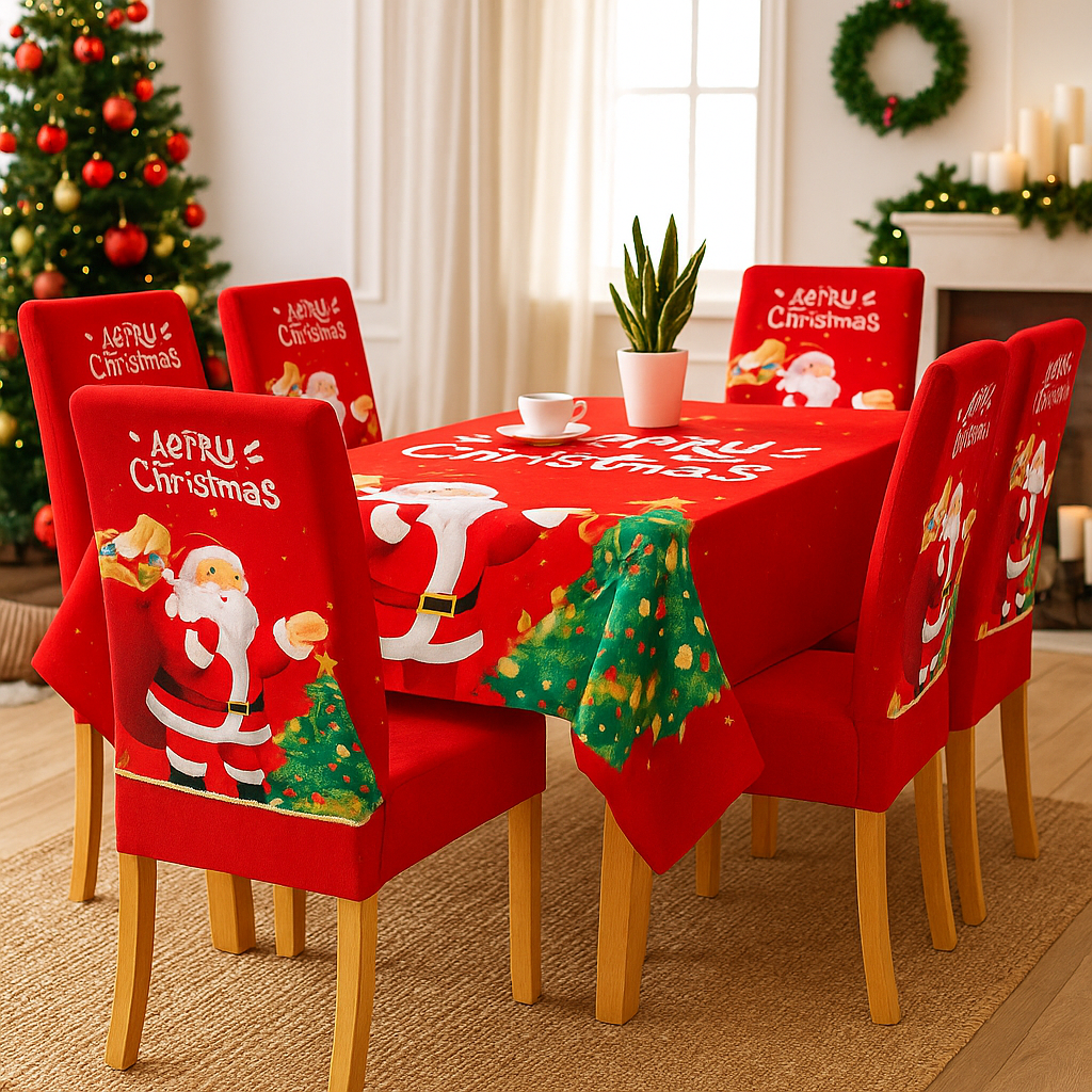 Karácsonyi 7 Részes Asztalterítő és Székhuzat Szett