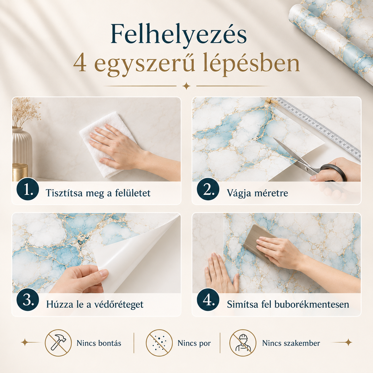 Arany Márványhatású Öntapadós Falmatrica 3 m × 1,2 m