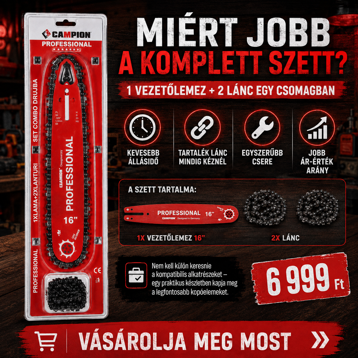 CAMPION Professional 16” Láncvezető + 2 Fűrészlánc Szett