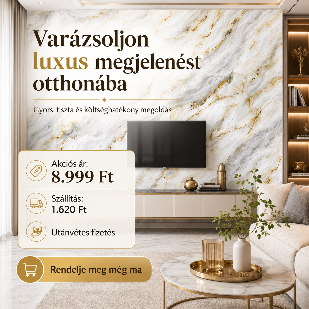 Arany Márványhatású Öntapadós Falmatrica 3 m × 1,2 m