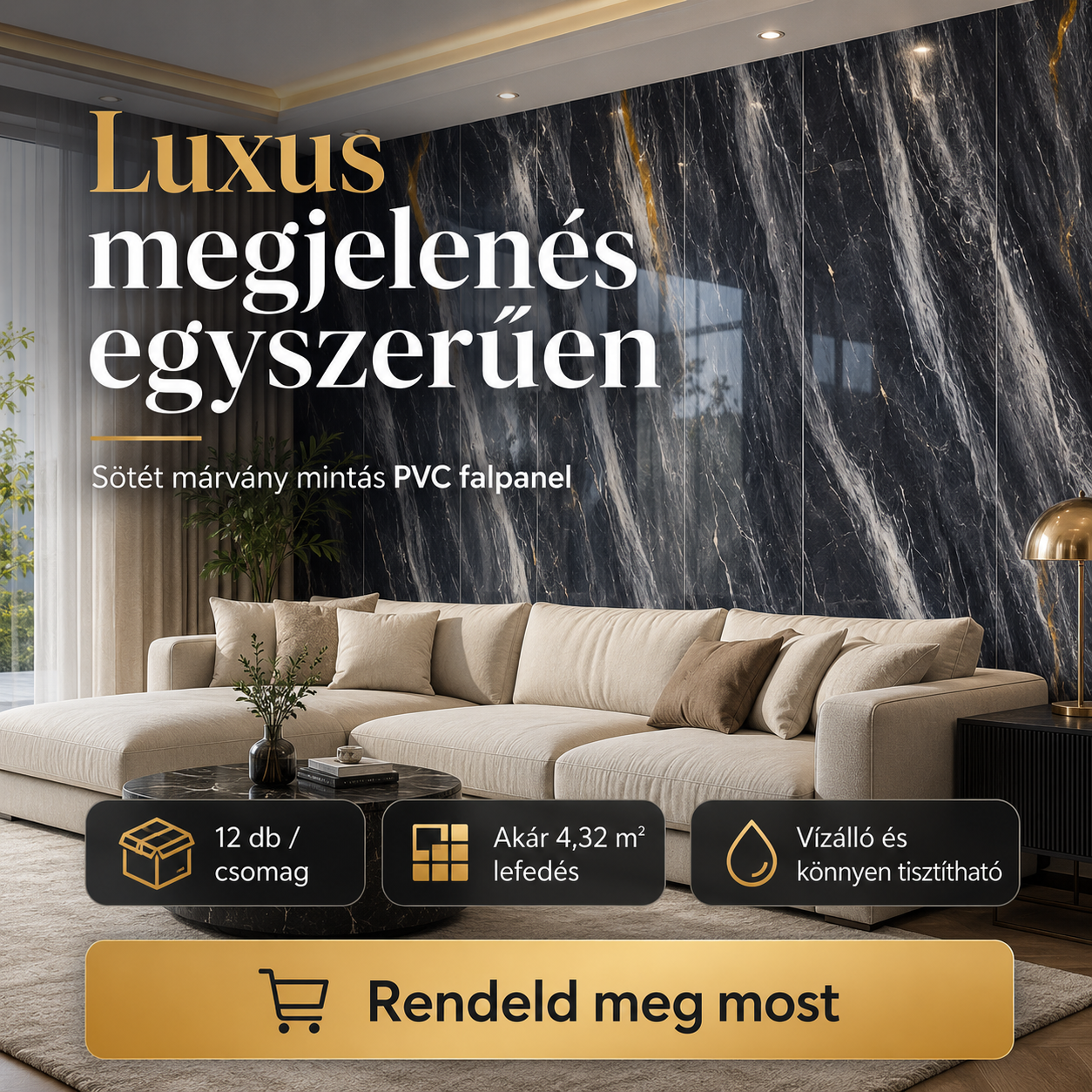 Sötét Márvány Mintás PVC Falpanel – 12.DB