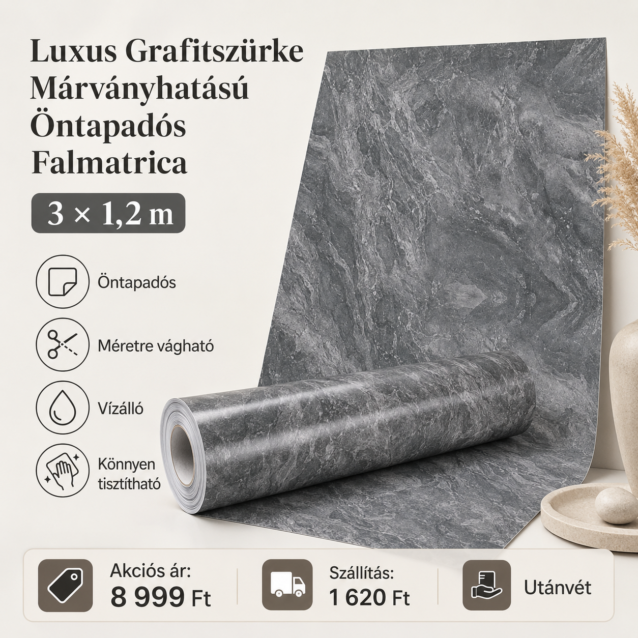 Grafitszürke Márványhatású Öntapadós Falmatrica