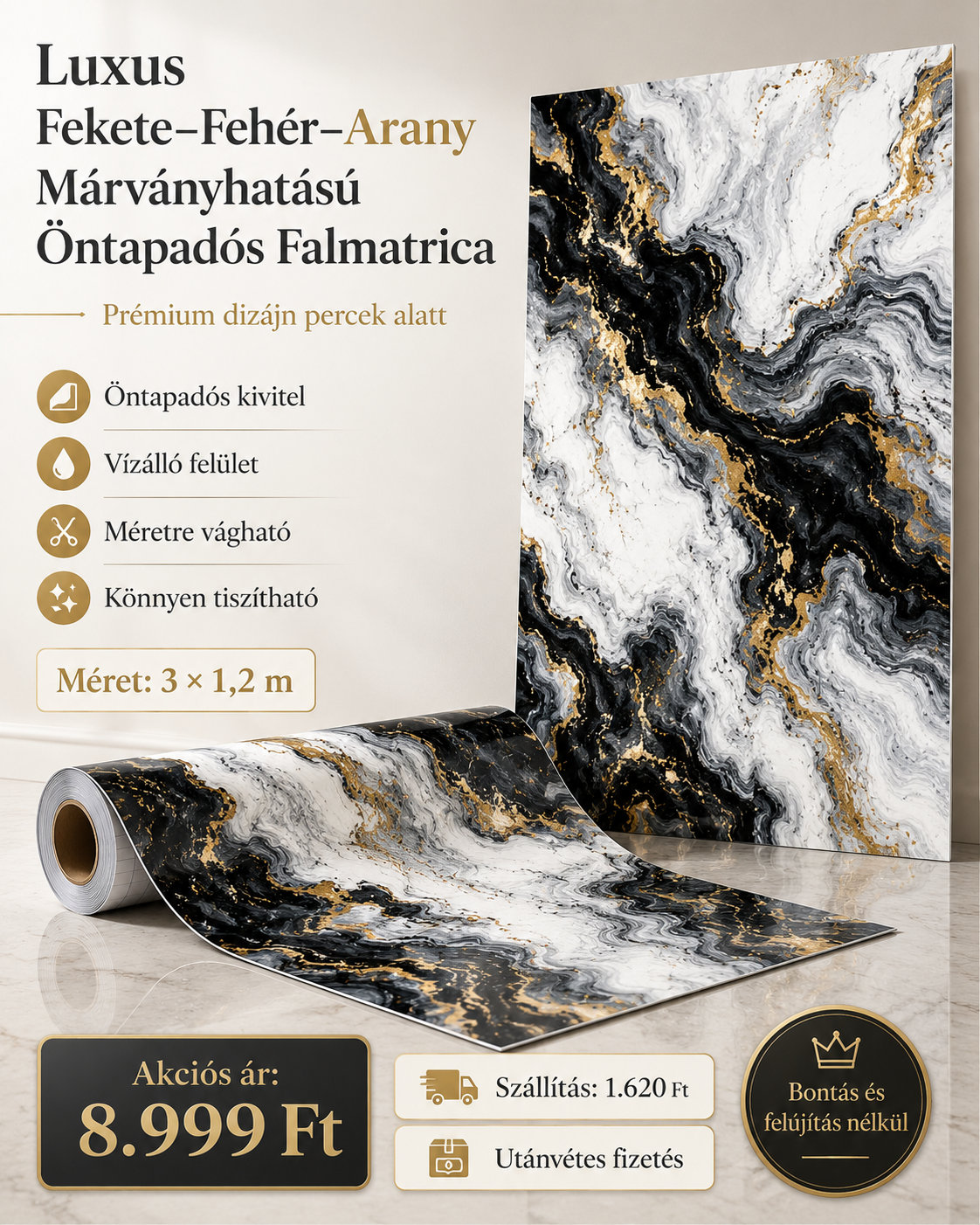 Arany Márványhatású Öntapadós Falmatrica 3 × 1,2 m