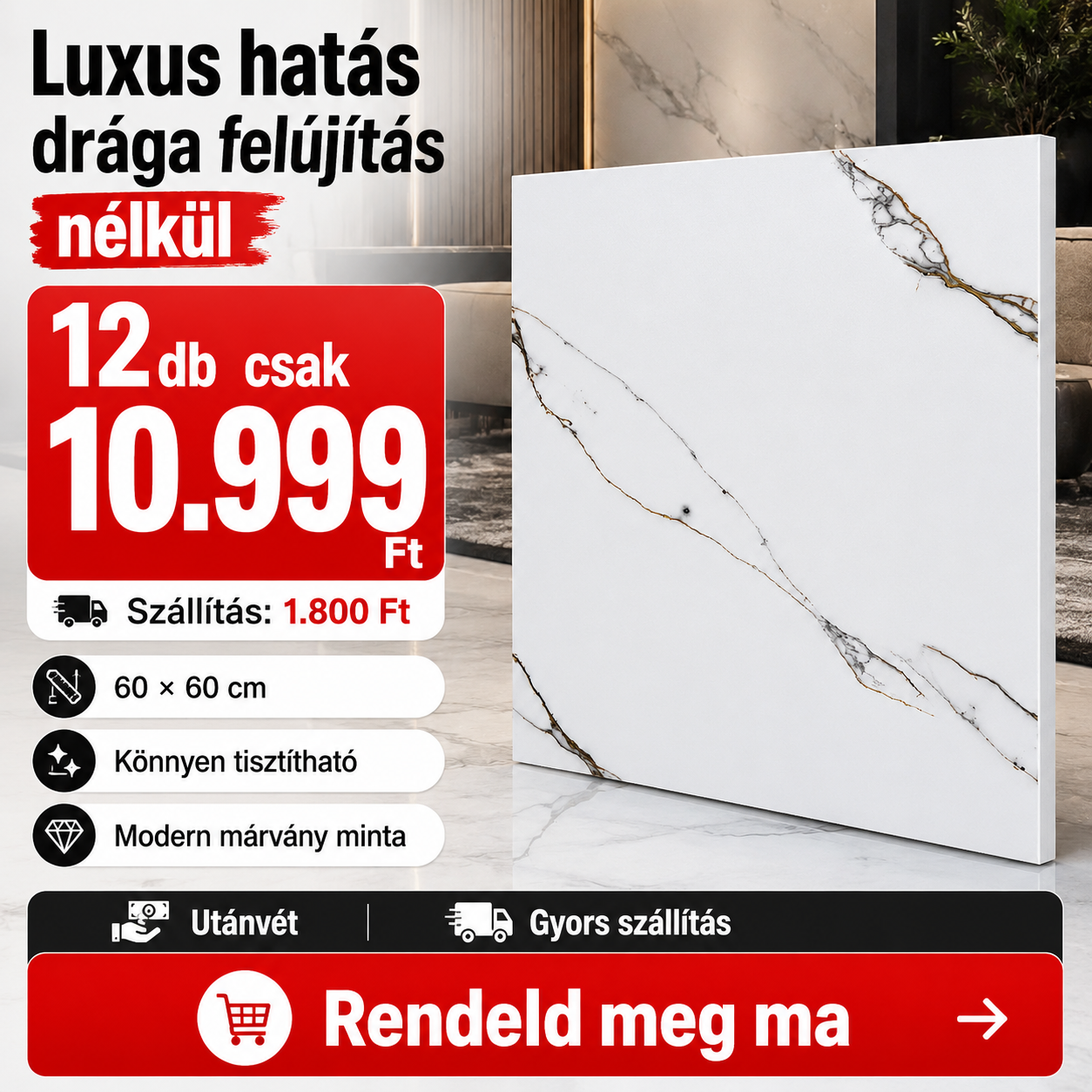 Fehér Márvány Mintás PVC Falpanel – 12 Darabos Csomag