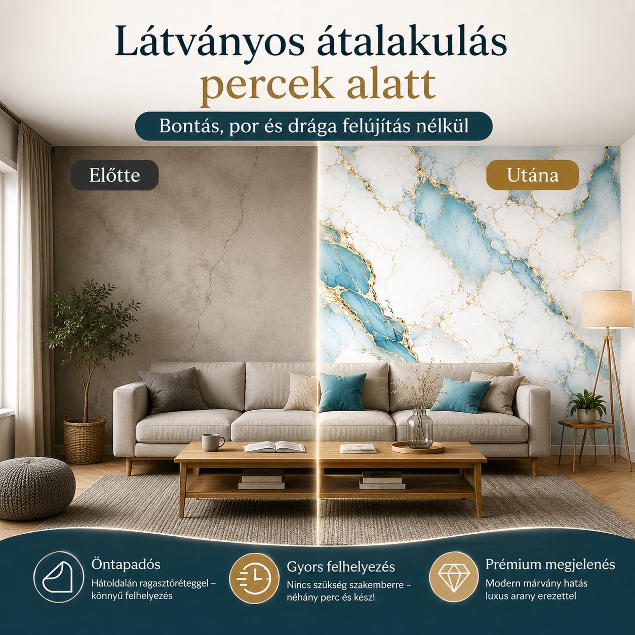 Arany Márványhatású Öntapadós Falmatrica 3 m × 1,2 m