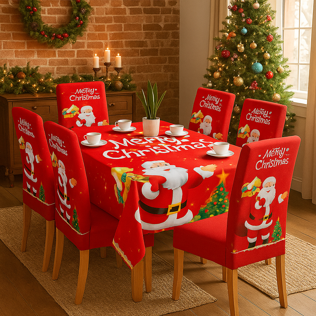 Karácsonyi 7 Részes Asztalterítő és Székhuzat Szett
