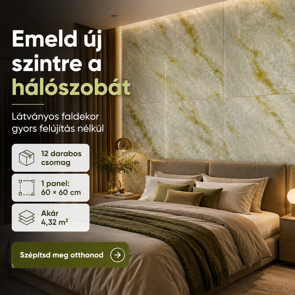 Zöldes-Arany Márvány Mintás PVC Falpanel – 12.Db