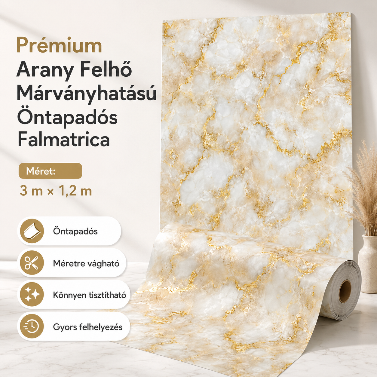 Arany Felhő Márványhatású Öntapadós Falmatrica 3 m × 1,2 m