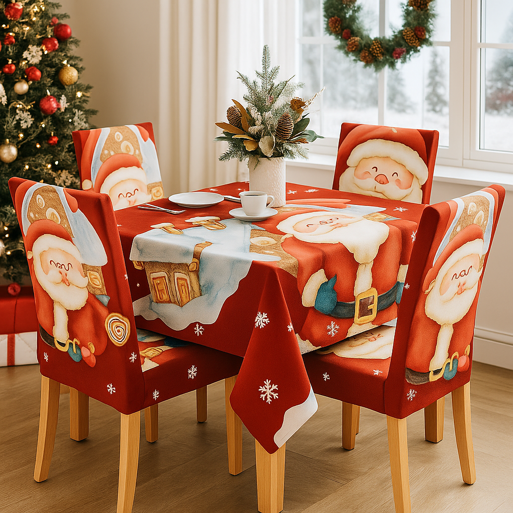Karácsonyi 7 Részes Asztalterítő és Székhuzat Szett