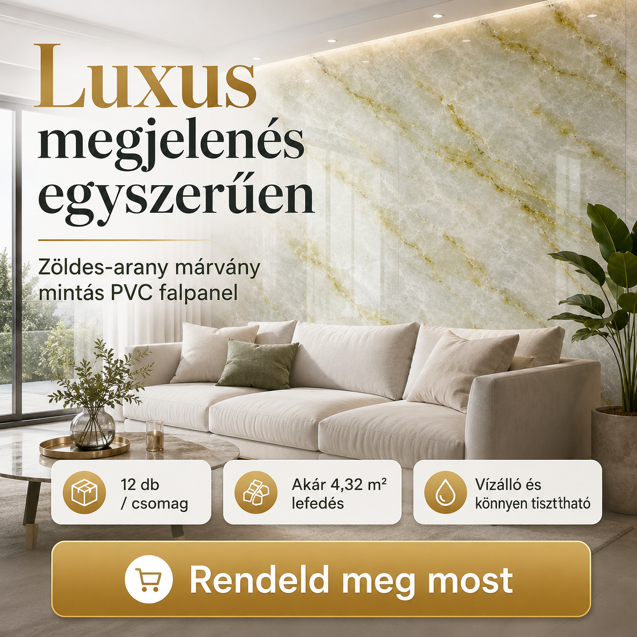 Zöldes-Arany Márvány Mintás PVC Falpanel – 12.Db