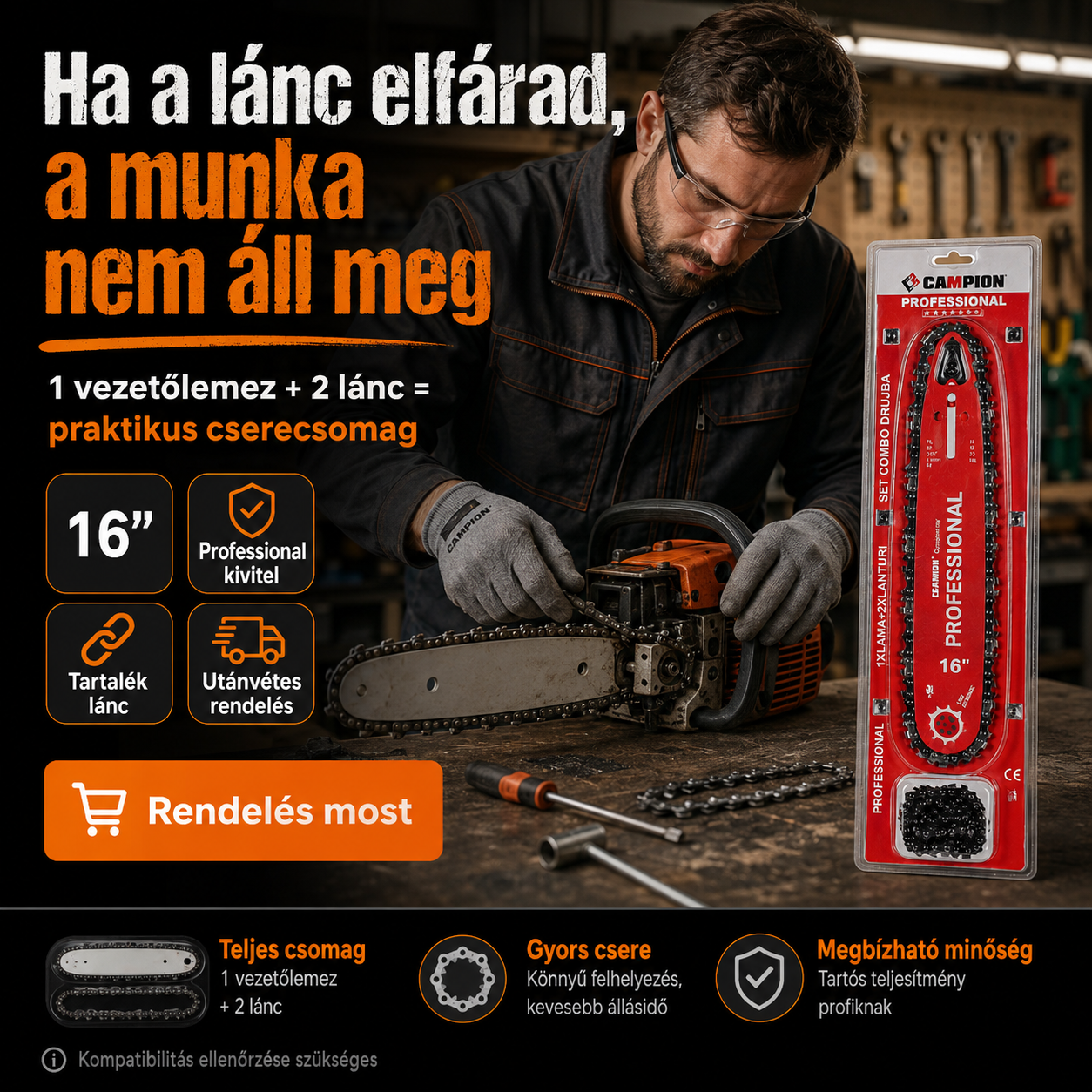 CAMPION Professional 16” Láncvezető + 2 Fűrészlánc Szett