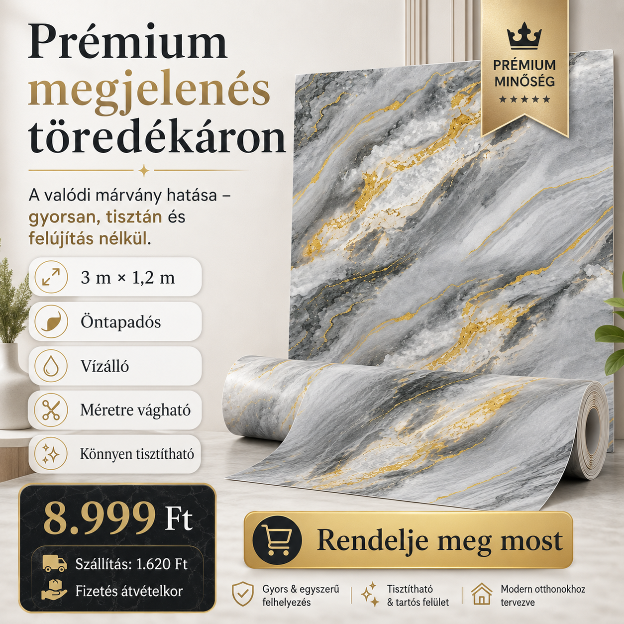 Arany Márványhatású Öntapadós Falmatrica 3 m × 1,2 m