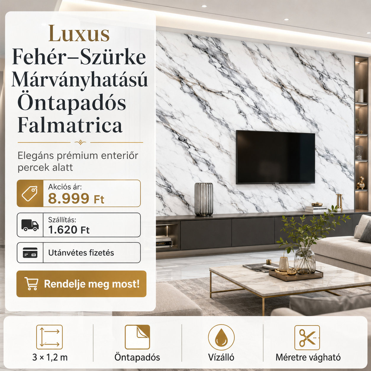 Szürke Márványhatású Öntapadós Falmatrica 3 × 1,2 m