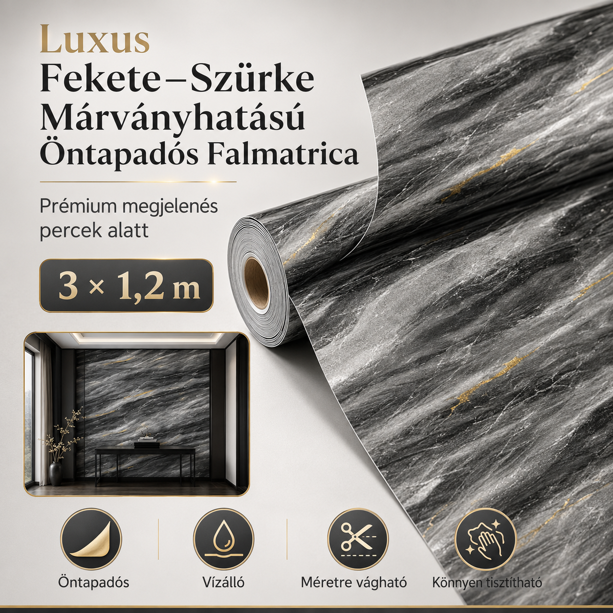 Szürke Márványhatású Öntapadós Falmatrica 3 × 1,2 m