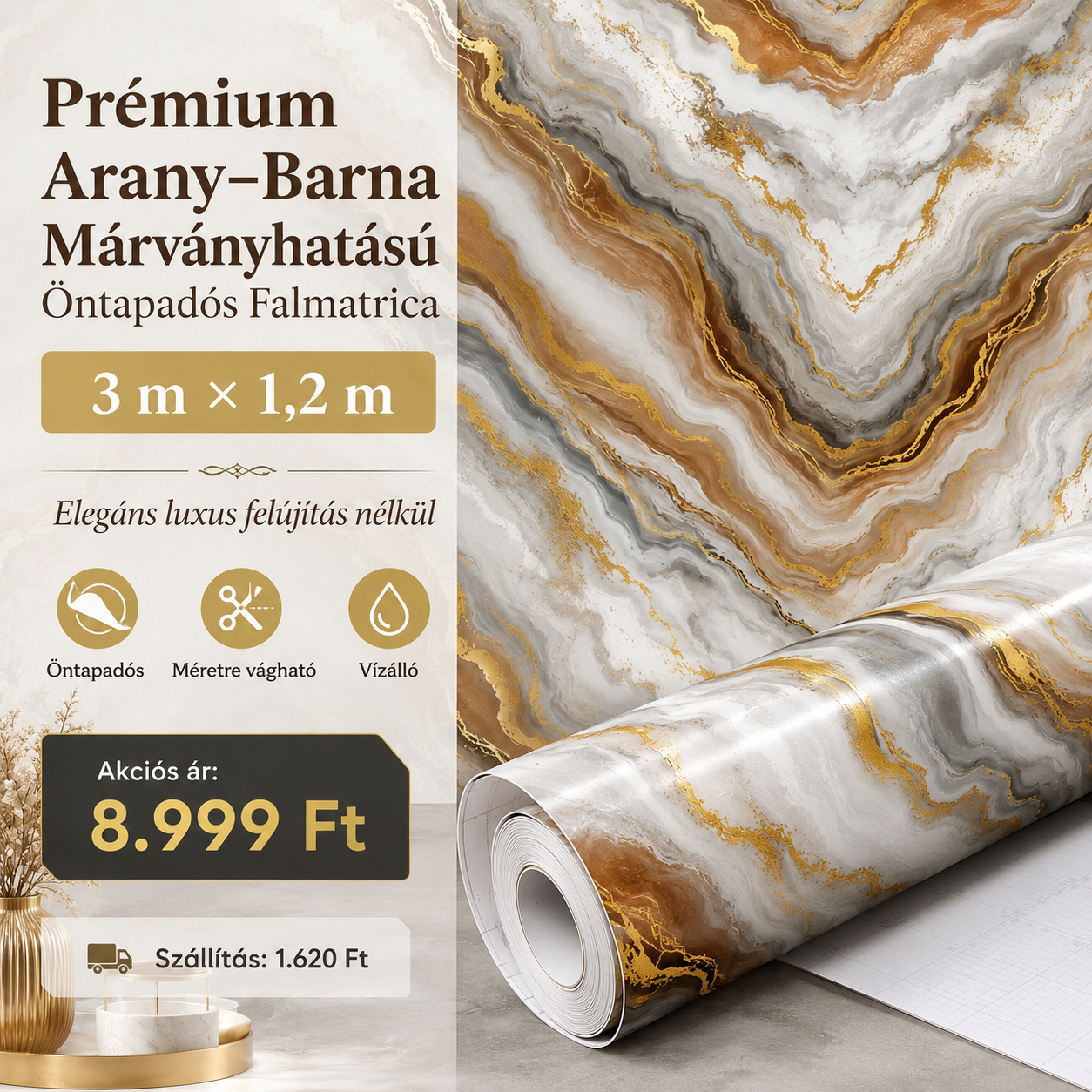 Barna Márványhatású Öntapadós Falmatrica 3 m × 1,2 m