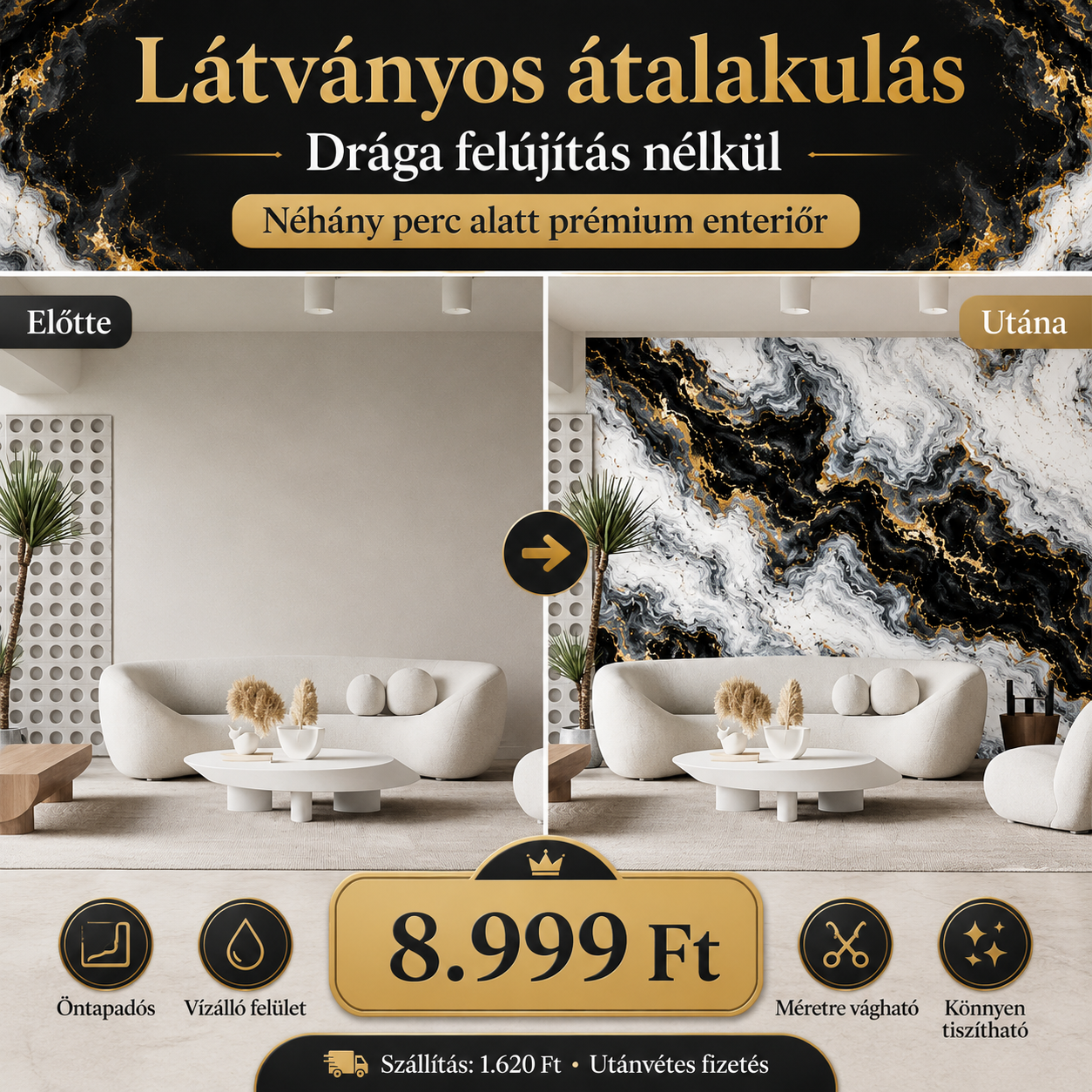 Arany Márványhatású Öntapadós Falmatrica 3 × 1,2 m