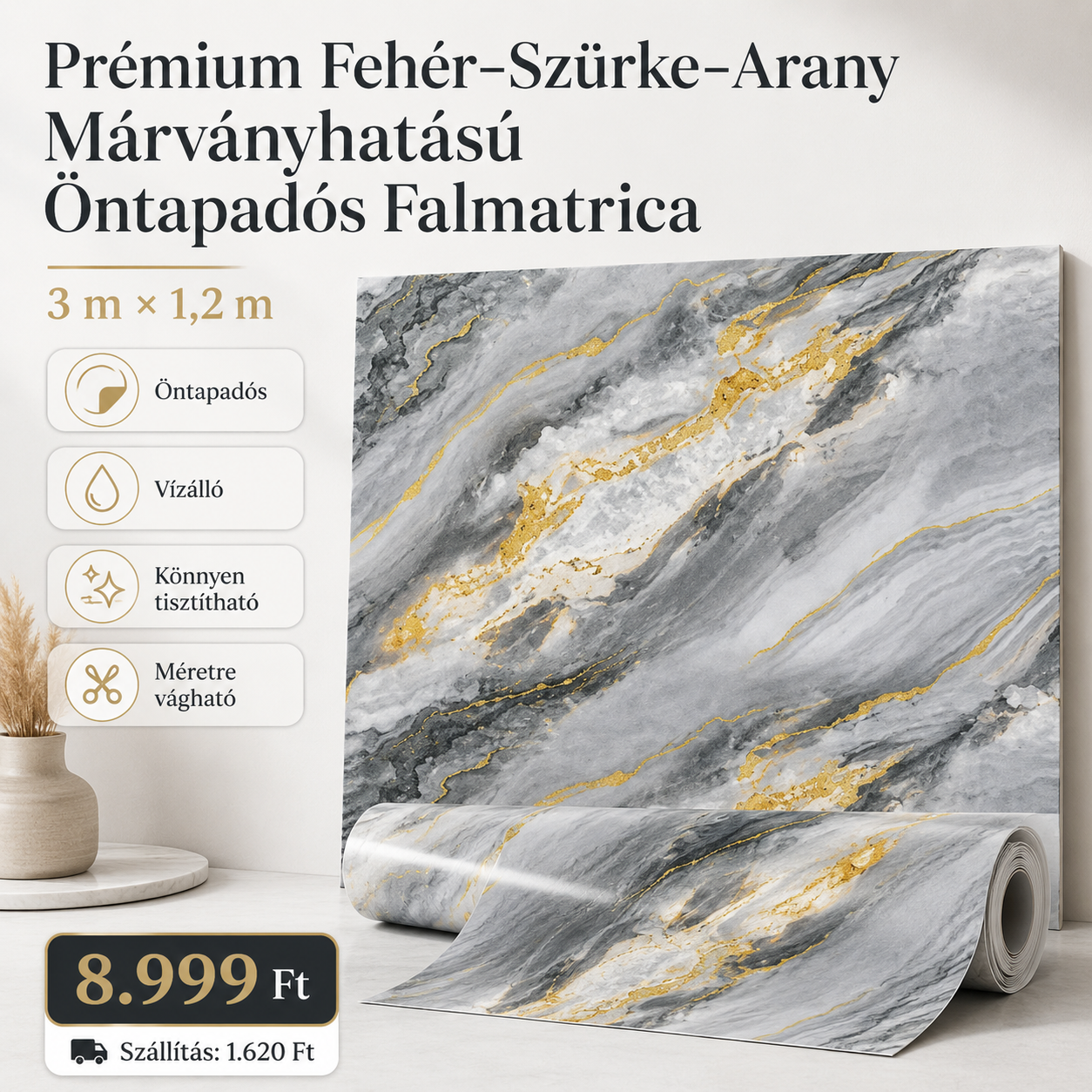 Arany Márványhatású Öntapadós Falmatrica 3 m × 1,2 m