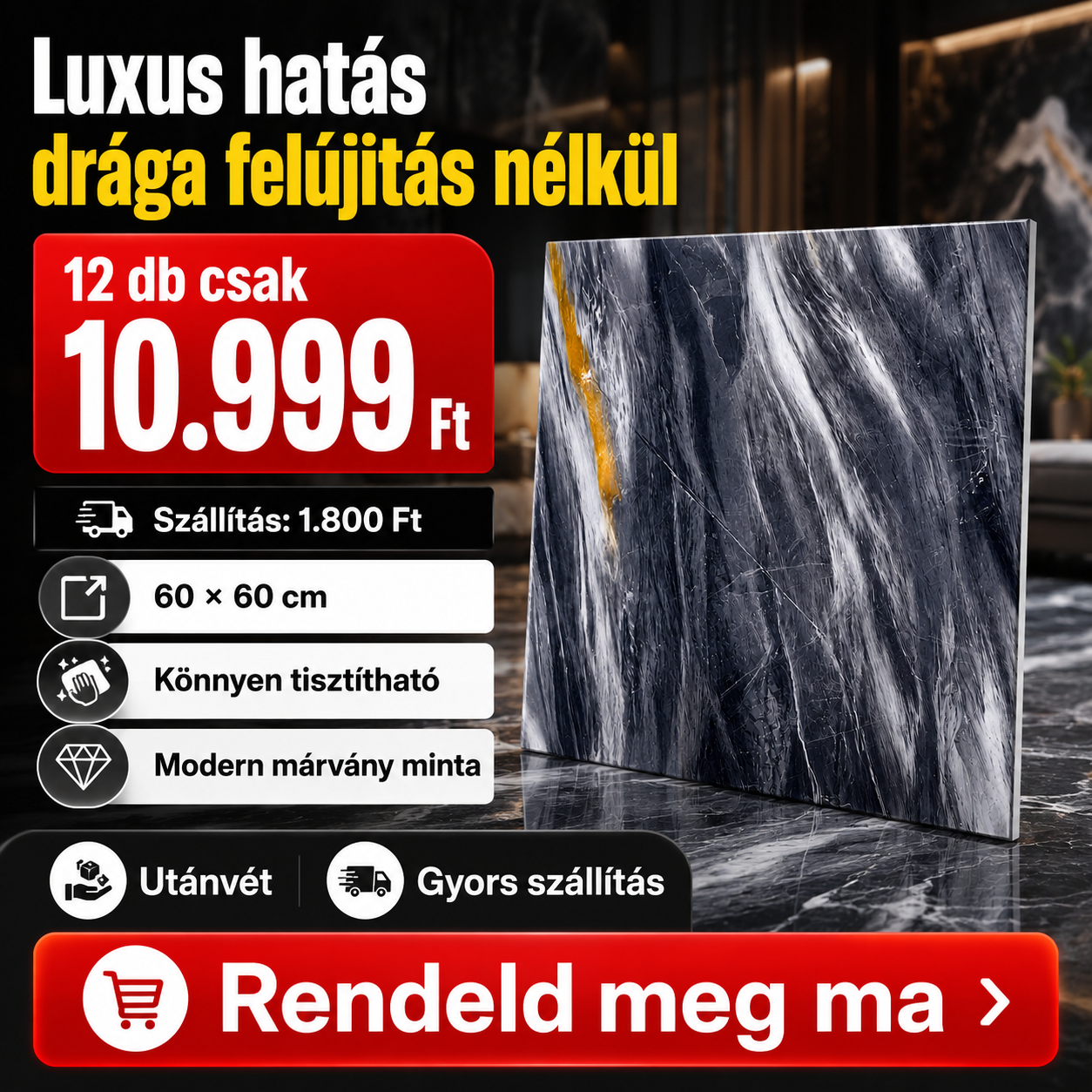 Sötét Márvány Mintás PVC Falpanel – 12.DB