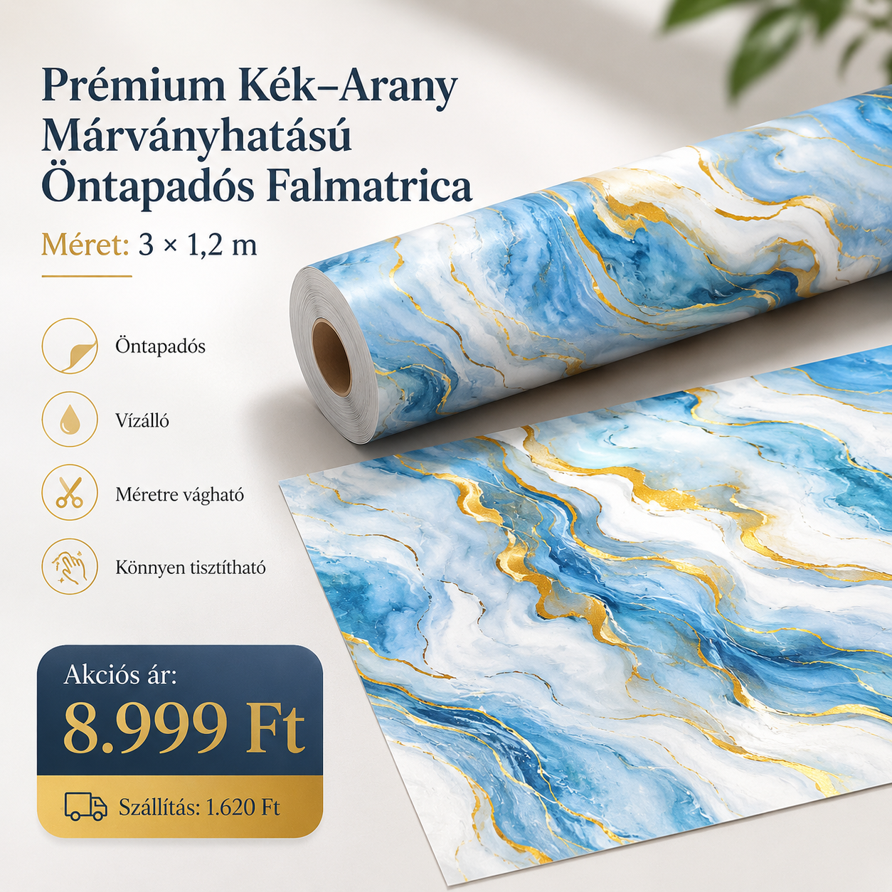 Arany Márványhatású Öntapadós Falmatrica 3 × 1,2 m
