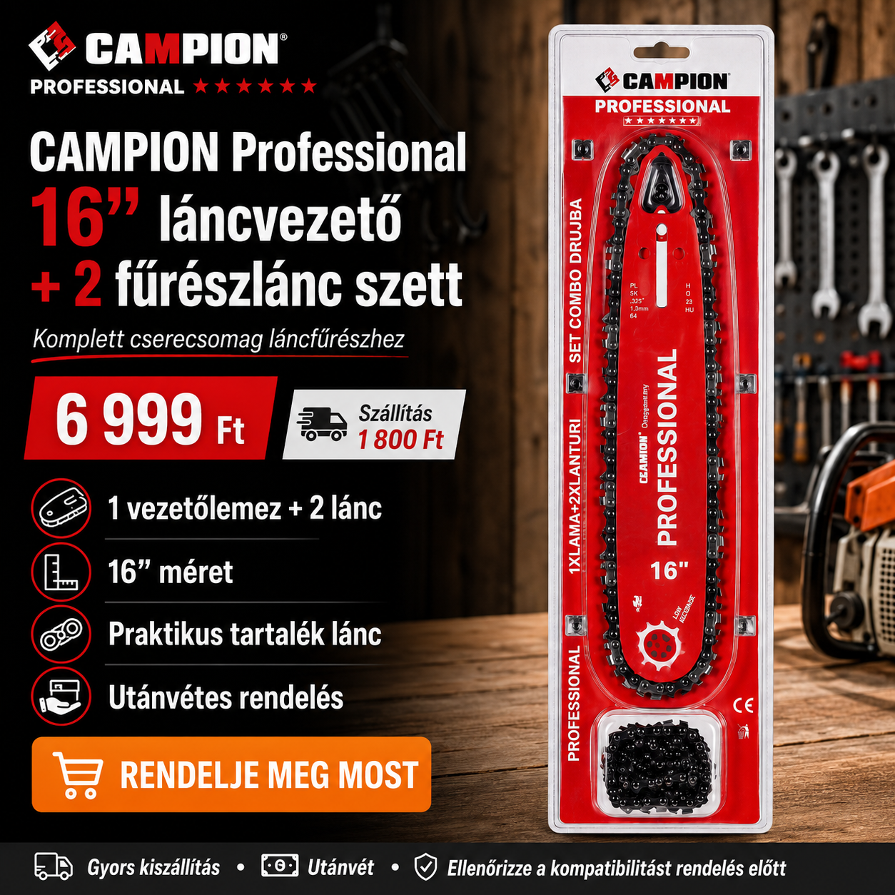 CAMPION Professional 16” Láncvezető + 2 Fűrészlánc Szett