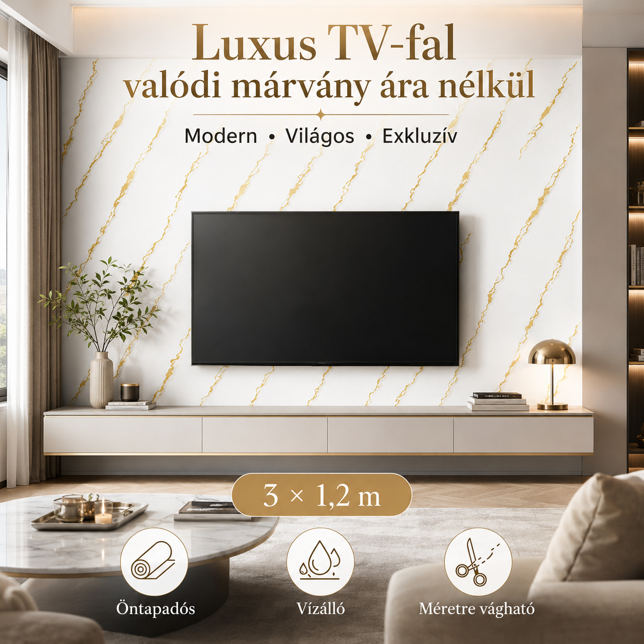 Arany Márványhatású Öntapadós Falmatrica 3 × 1,2 m