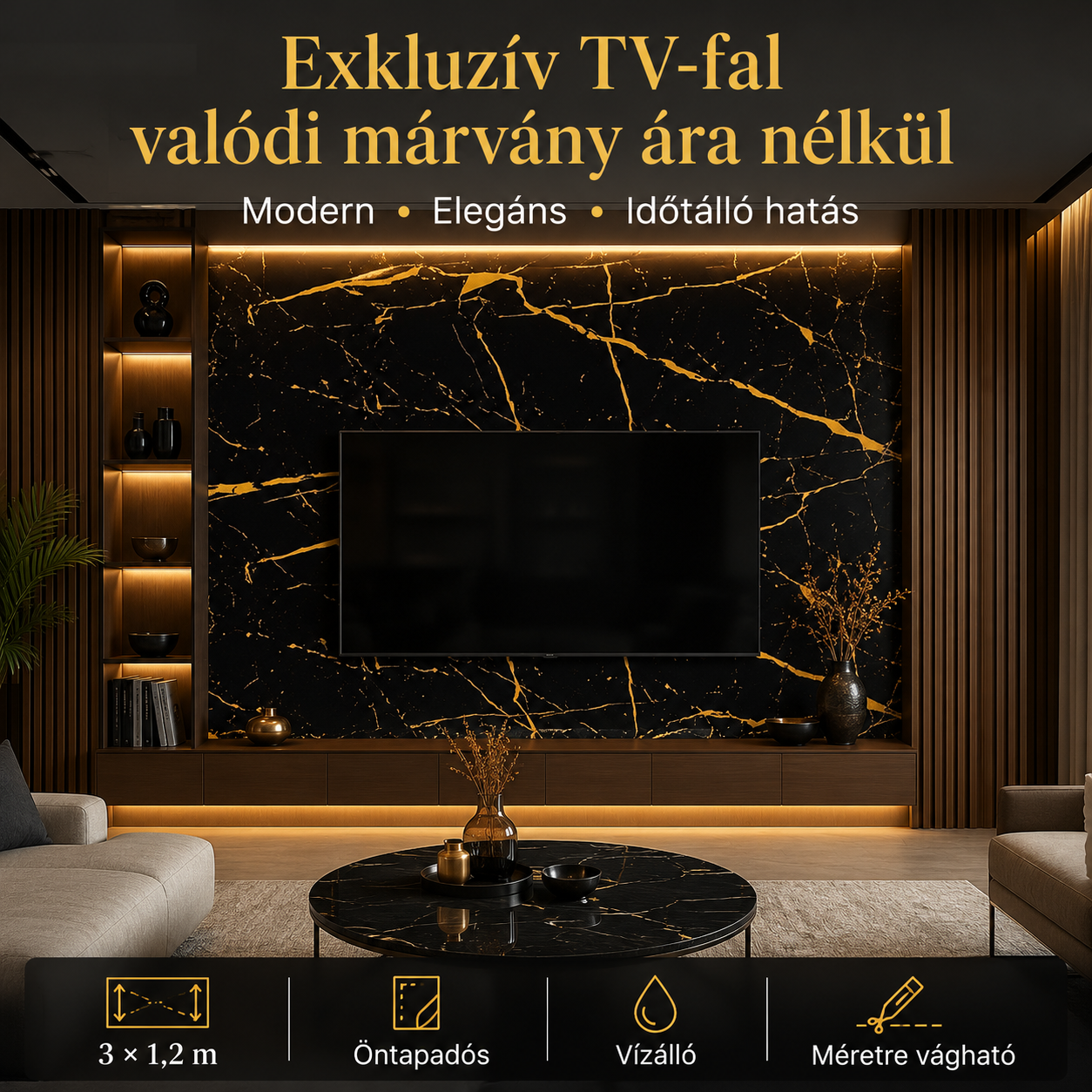 Arany Márványhatású Öntapadós Falmatrica – 3 × 1,2 m