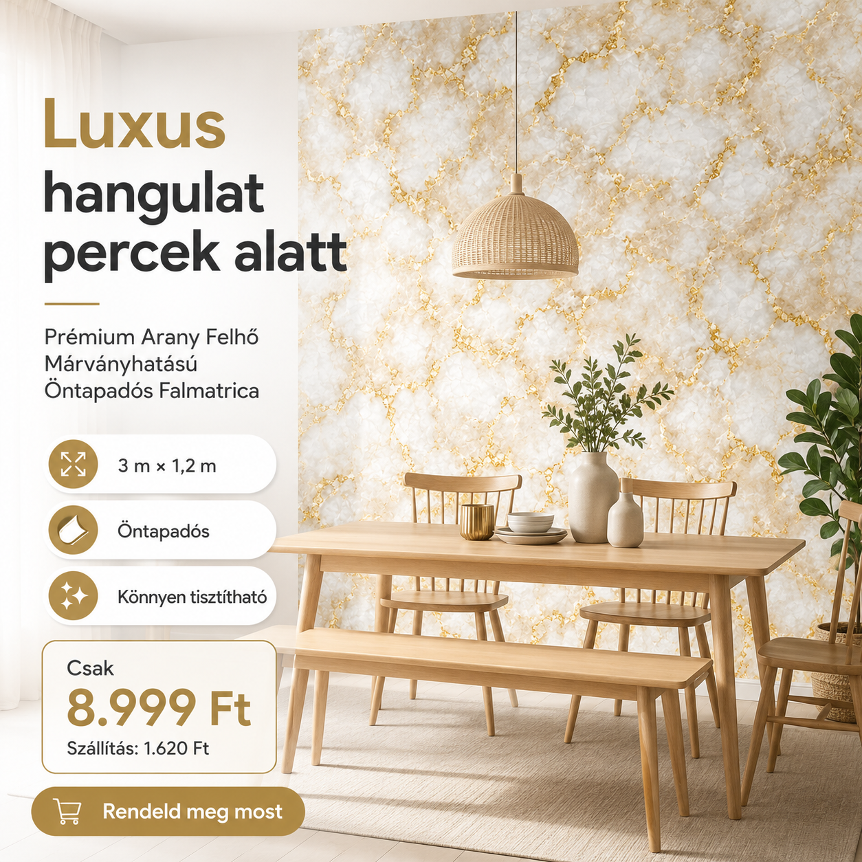 Arany Felhő Márványhatású Öntapadós Falmatrica 3 m × 1,2 m
