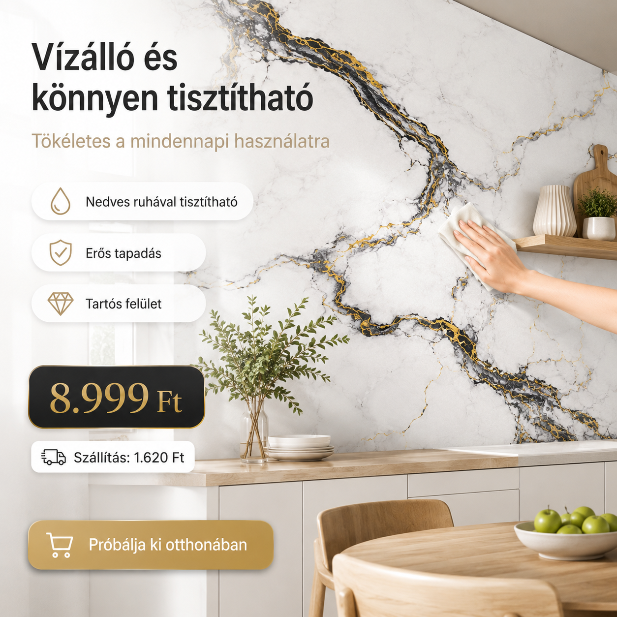 Arany Márványhatású Öntapadós Falmatrica 3 × 1,2 m