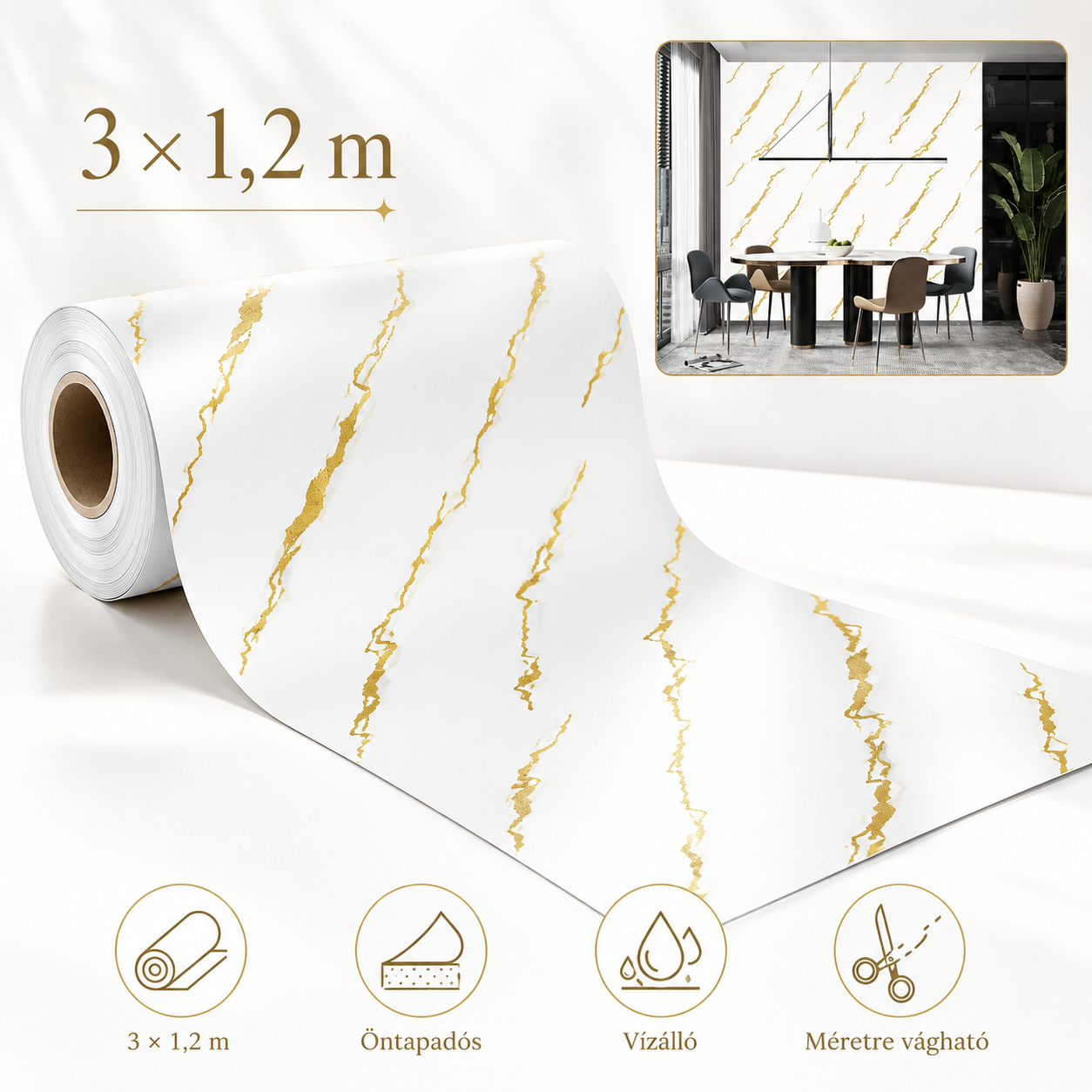 Arany Márványhatású Öntapadós Falmatrica 3 × 1,2 m